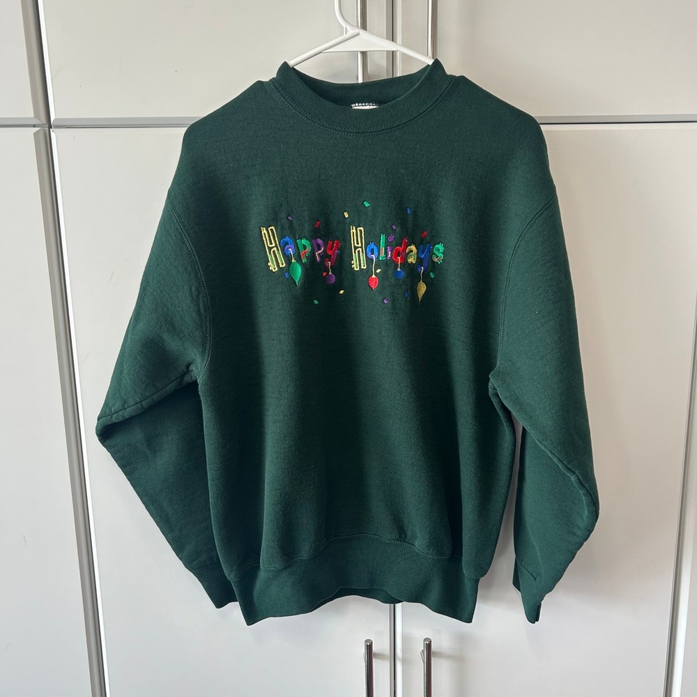 Vintage Pro Player Happy Holidays Sweatshirt Green Embroidered Crewneck Medium